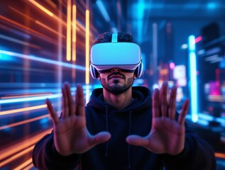 Man in a VR headset with hands raised, immersed in a futuristic digital world with neon lights and motion blur, concept of virtual reality and technology. Ai generative