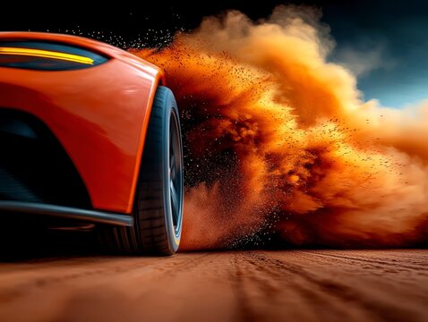 In a symphony of motion and controlled chaos, a skilled driver commands a vibrant sports car, executing a breathtaking drift on a desolate road Dust and smoke billow around the vehicle, creating a