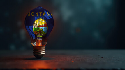 A patriotic concept: A light bulb with the Montana flag design glowing in the dark, symbolizing ingenuity, technology, and energy independence