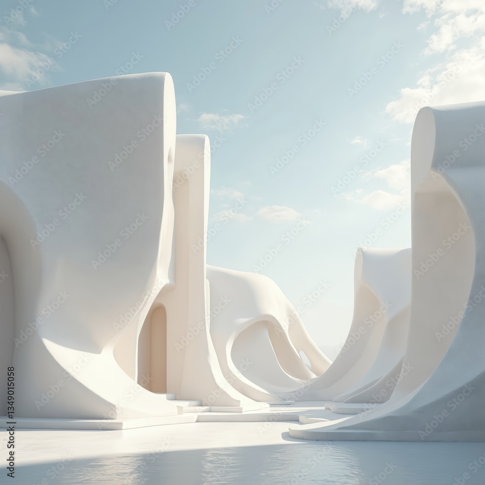 Aufkleber Abstract architecture design with white futuristic building. Modern construction with organic shapes, minimalist geometric forms. Architectural background with soft light, blue sky, contemporary