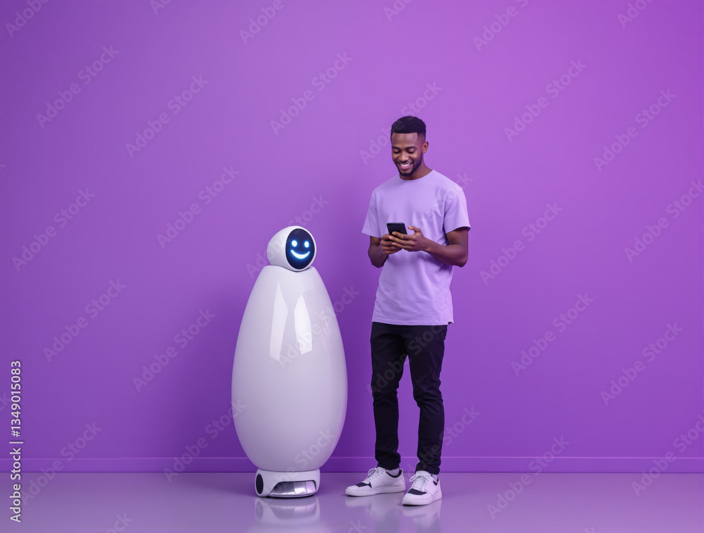 Poster man using smartphone while futuristic ai robot stands beside him with a friendly smile on purple bac