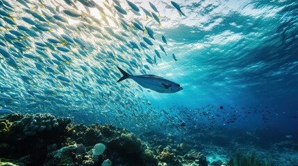Fototapeta premium Ocean reef fish school sunlight underwater coral background nature
