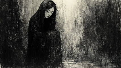 Dark and expressive illustration symbolizing depression and mental disorders. Strong emotional tone with abstract lines creating a somber atmosphere. Perfect for mental health awareness.