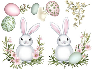 Obraz premium Watercolor Easter Bunny Illustration With Pink And Green Floral Decorations And White Rabbits With Easter Eggs On Transparent Background