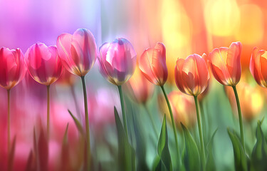 Row of Pink Tulips Against a Dreamy Colorful Background