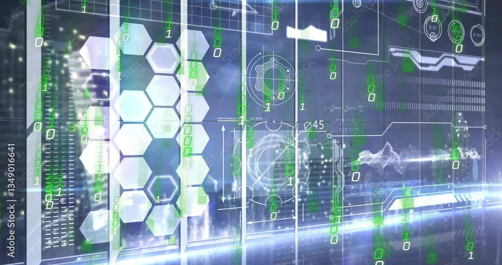 Poster animation of binary code and geometric patterns over futuristic cityscape
