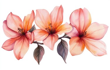 Obraz premium Delicate watercolor painting of three peach-colored flowers, showcasing their intricate details and soft hues against a white background.