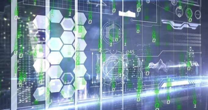Animation of binary code and geometric patterns over futuristic cityscape