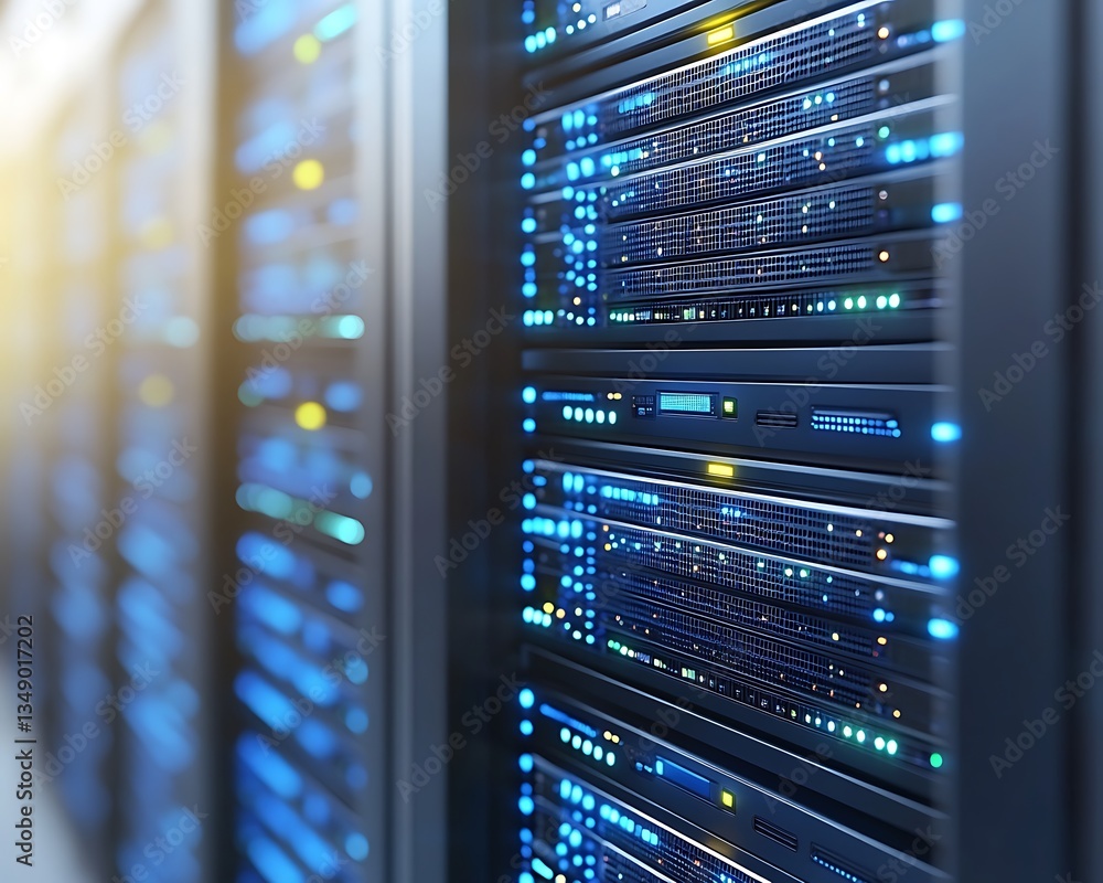 Poster multiple server racks illuminated with blue and yellow lights show data storage