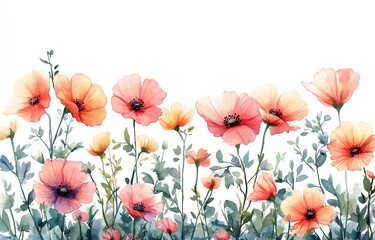 Watercolor painting of delicate peach and coral poppies in a wildflower meadow.
