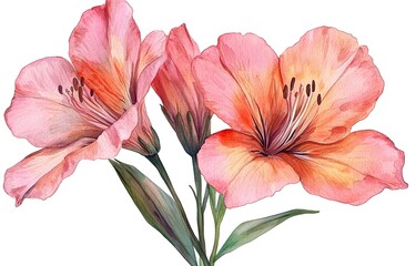 Delicate watercolor painting of three peach-colored Alstroemeria flowers.  Soft hues and intricate details.