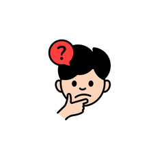 A cartoon boy with a thoughtful face and a red question mark bubble. Represents confusion, curiosity, or decision making.