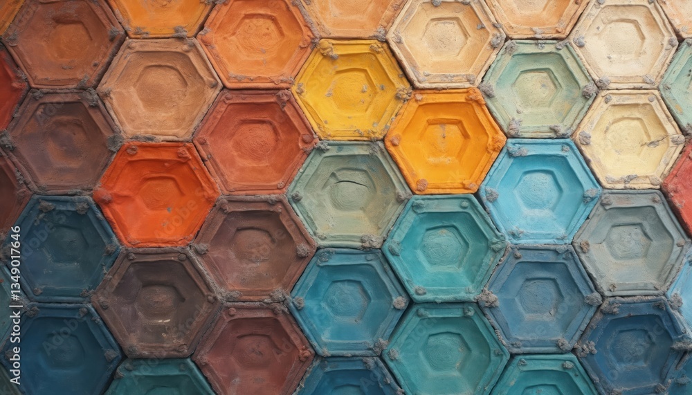 Poster Colorful hexagonal tile pattern. Mosaic design with various colors. Modern interior decor element. Geometric background. Tiles for bathroom, kitchen design, wall decoration. Construction,