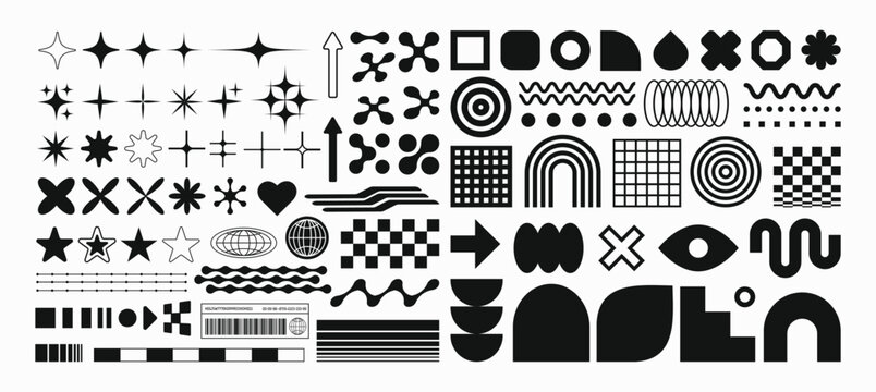 Set with different Y2k elements for design.Trendy geometric brutalism forms, memphis elements. Simple shapes forms, symbols and frames y2k style.