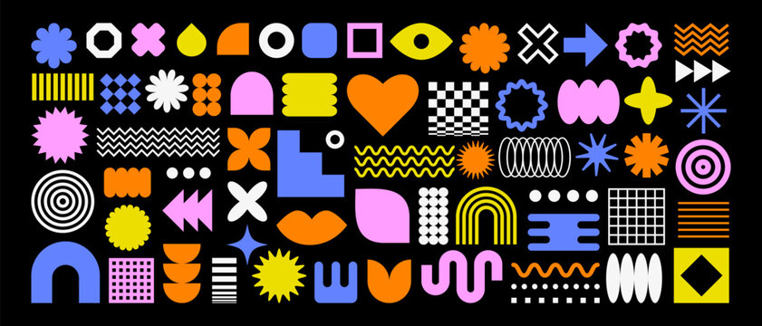 Set with different Y2k elements for design.Trendy geometric brutalism forms, memphis elements. Simple shapes forms, symbols and frames y2k style.