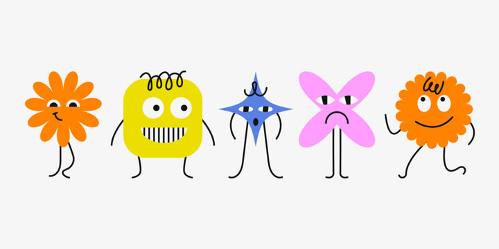 Set of geometric characters with face emotions. Shapes with funny faces. Simple shapes forms, symbols in bauhaus style. Template for a set of stickers, greeting cards, posters, planners. 