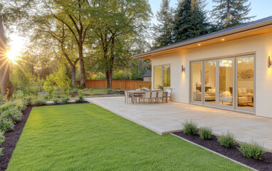 Beautiful backyard patio at sunset with lush landscaping and modern design