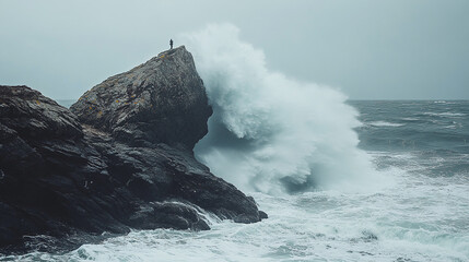 A brave individual faces a massive storm wave an abstract representation of challenge and courage