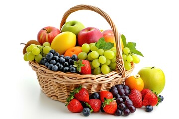 Fruit basket strawberry blueberry grapes.