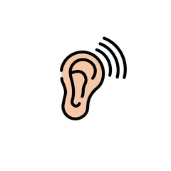 Simple ear icon with curved lines representing sound waves to symbolize listening and hearing.