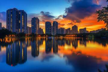 Obraz premium City Skyline at Sunset with Reflections