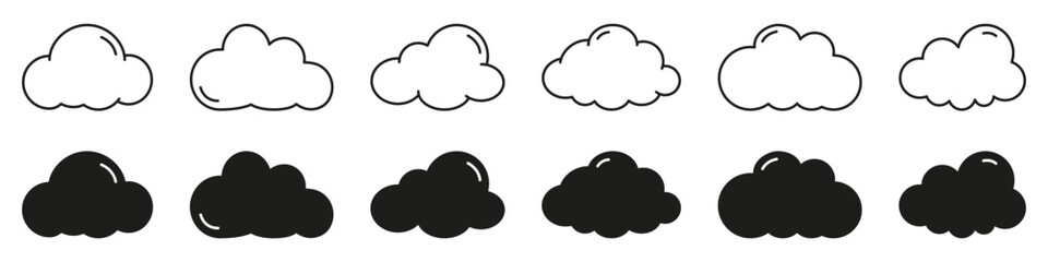Cloud line and solid icon set. Meteorological outline and bold weather symbol collection. Isolated vector illustration
