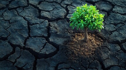 A lush green tree, growing amidst cracked, dry earth, symbolizes resilience, hope, and rebirth in a challenging environment, highlighting sustainability and conservation.