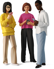 3D three young women with phones