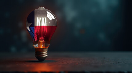 A patriotic concept: A light bulb with the Texas flag design glowing in the dark, symbolizing ingenuity, technology, and energy independence