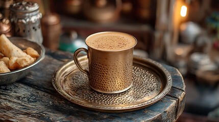 A detailed shot of a coffee cup on a decorative tray