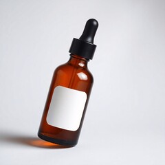 Fototapeta premium Close-up of a brown bottle with a dropper and white label for skincare products mockup
