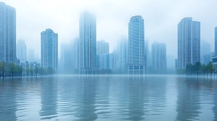 Fototapeta premium Foggy city skyline reflected in floodwaters.