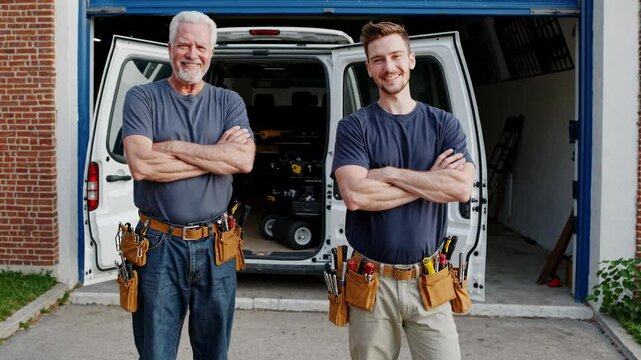 Two confident carpenters share a lighthearted moment outside the workshop