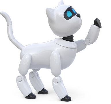 Side view of robot cat looking up and pulls paw
