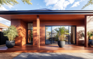 Fototapeta premium Modern wooden house exterior with stylish landscaping and bright blue sky