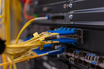 A close-up of fiber optic network equipment with neatly arranged yellow cables connected to blue LC connectors. The sharp details highlight the precision of modern data infrastructure in a server rack