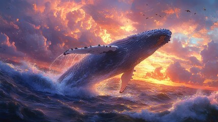 A majestic humpback whale breaches, splashing against a cloudy sunset sky, showcasing nature's beauty and power.