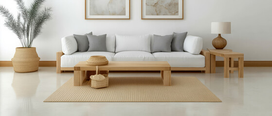 Modern living room with minimalist design featuring neutral colors and natural elements