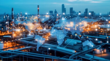 A global supply chain map displayed on a high-tech monitoring screen