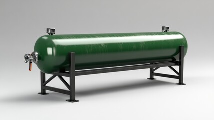 A green oxygen tank lying horizontally on a safety storage rack