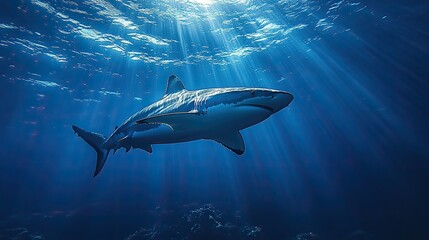 Fototapeta premium A majestic shark glides through tranquil deep blue ocean waters, sunlight filtering through the rippling surface creating stunning beams of light.