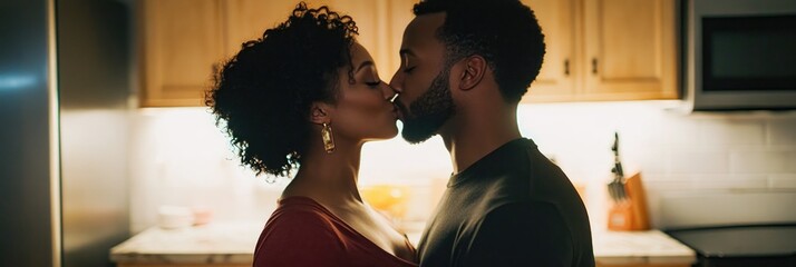 A close-up of a man and woman kissing in the kitchen. They are in front of appliances with affectionate expressions.