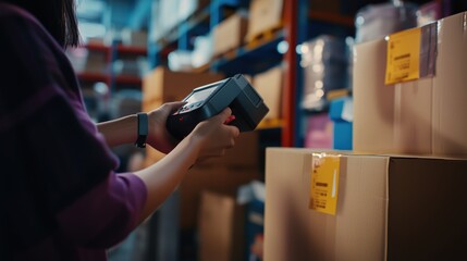 Worker scanning packages with handheld device in busy warehouse during daylight hours
