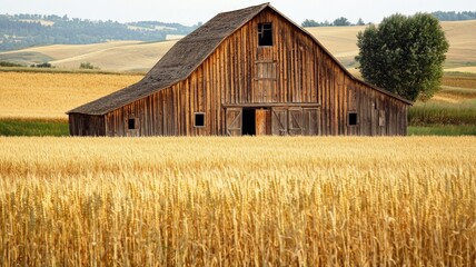 Obraz premium Rustic wooden barn in the background with wheat fields in the foreground, bathed in soft golden light, creating a cozy, warm, and inviting countryside atmosphere. 