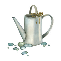 Vintage composition of metal watering can with twine bow, sea pebbles for garden decoration, all objects are hand painted with watercolor. Suitable for postcards, invitations, logo design.