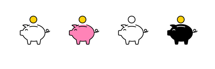 Illustration of four piggy banks in different colors. each piggy bank has a coin being saved inside.