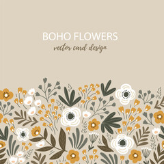 Vector boho flowers greeting card with place for your text. Wedding floral invitation. Stylish hand-drawn decorative floral illustration. © Utro na more