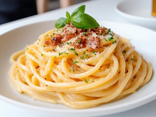 Creamy Spaghetti Carbonara Dish On White Plate