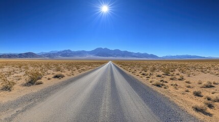 A hot asphalt road shimmering under the midday sun in an arid desert landscape