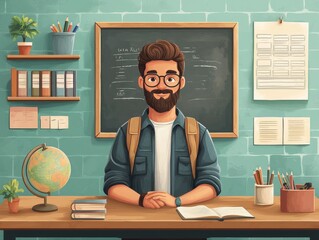 A bearded professor wearing glasses and backpack stands in front of a chalkboard, surrounded by books, plants, and school supplies in his cozy classroom.